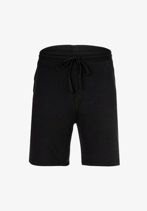 Schwarze Baumwollshorts mit einem elastischen Bund und Kordelzug, ausgestattet mit einer glatten Textur, knielangem Schnitt und ohne sichtbare Muster.