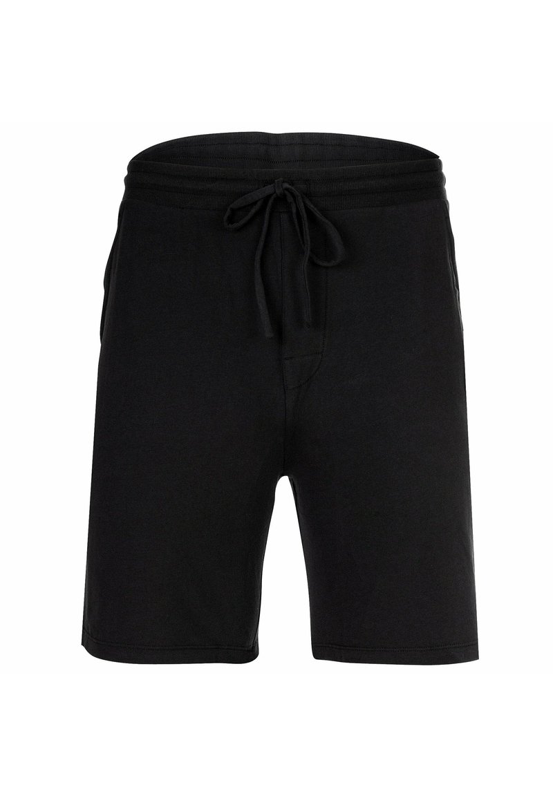 Schwarze Baumwollshorts mit einem elastischen Bund und Kordelzug, ausgestattet mit einer glatten Textur, knielangem Schnitt und ohne sichtbare Muster.