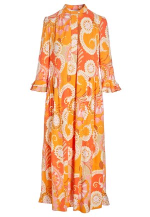Langes Kleid mit 3/4-Ärmeln und gerafften Manschetten, mit einem orange-rosa floralen Paisley-Muster und einem hohen Kragen mit Knöpfen.