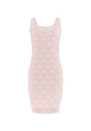 Abito rosa lavorato a maglia con una silhouette aderente, caratterizzato da un motivo a diamante bianco. Ha un collo a giro e spalline spesse.