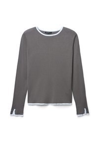 Maglia grigia a maniche lunghe realizzata in tessuto testurizzato, con scollo rotondo e rifiniture in un blu chiaro a contrasto su colletto e polsini.