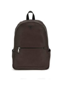 Zaino in pelle marrone con finitura testurizzata, dotato di una tasca frontale con zip, tasche laterali e un manico superiore ad anello.