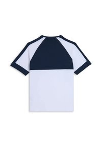 T-shirt a maniche corte con parte superiore blu navy e pannelli inferiori bianchi, realizzato in un tessuto morbido. Design pulito con blocchi di colore a contrasto.