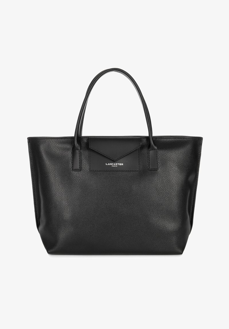 Borsa a spalla nera in pelle con texture liscia, manici doppi e forma rettangolare. Presenta una placca con logo sul davanti.