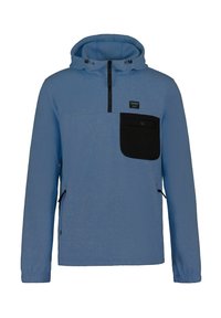 Hellblaue Kapuzenjacke mit einem halben Reißverschluss auf der Vorderseite, schwarzer Tasche auf der Brust und seitlichen Reißverschlusstaschen. Weicher Stoff, lässige Passform und Kapuze mit Kordelzug.