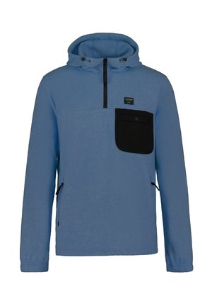 Felpa con cappuccio azzurra chiara con zip parziale davanti, tasca nera sul petto e tasche laterali con zip. Tessuto morbido, vestibilità comoda e cappuccio regolabile con cordino.