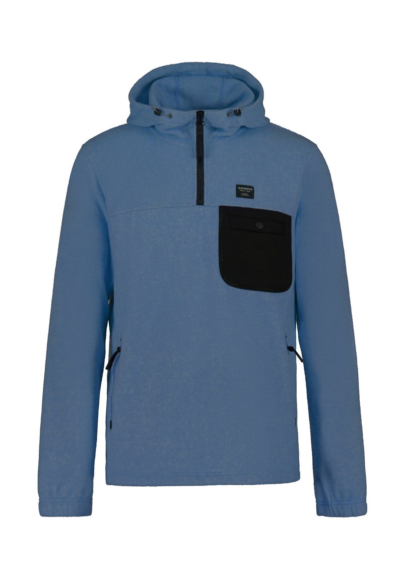 Hellblaue Kapuzenjacke mit einem halben Reißverschluss auf der Vorderseite, schwarzer Tasche auf der Brust und seitlichen Reißverschlusstaschen. Weicher Stoff, lässige Passform und Kapuze mit Kordelzug.