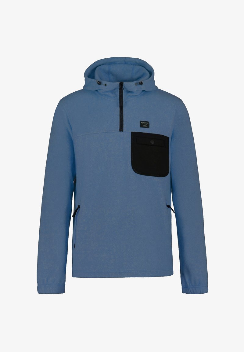 Sudadera con capucha de color azul claro, con media cremallera en el frente, bolsillo negro en el pecho y bolsillos laterales con cremallera. Tejido suave, corte relajado y capucha ajustable con cordón.