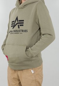 Sudadera con capucha verde oliva, con un bolsillo frontal tipo canguro y logo impreso en negro. Puños y dobladillo de canalé con una etiqueta roja en el bolsillo.