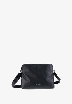 Borsa a tracolla in pelle nera con esterno texturizzato, chiusura a zip, tracolla regolabile e logo discreto sulla parte anteriore.