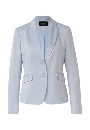 Hellblauer maßgeschneiderter Blazer mit zwei vorderen Knöpfen, Reverskragen mit Kerbe und Pattentaschen, ausgestattet mit strukturierter Stoffqualität und Innenfutter.