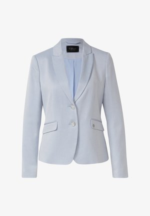 Hellblauer maßgeschneiderter Blazer mit zwei vorderen Knöpfen, Reverskragen mit Kerbe und Pattentaschen, ausgestattet mit strukturierter Stoffqualität und Innenfutter.