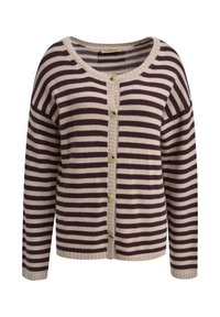 Gestreifter Cardigan in Creme und Dunkelbraun, mit durchgehender Knopfleiste, weitem Ausschnitt, gerippten Bündchen und lockerer Passform. Weiches Strickgewebe.