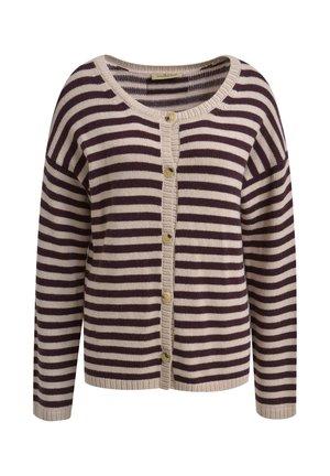 Gestreifter Cardigan in Creme und Dunkelbraun, mit durchgehender Knopfleiste, weitem Ausschnitt, gerippten Bündchen und lockerer Passform. Weiches Strickgewebe.