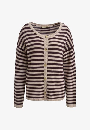 Gestreifter Cardigan in Creme und Dunkelbraun, mit durchgehender Knopfleiste, weitem Ausschnitt, gerippten Bündchen und lockerer Passform. Weiches Strickgewebe.