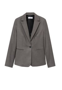 Grijze op maat gemaakte blazer van zachte stof, met een enkele knoopsluiting, opstaande revers, twee voorzakken en een soepele binnenvoering.
