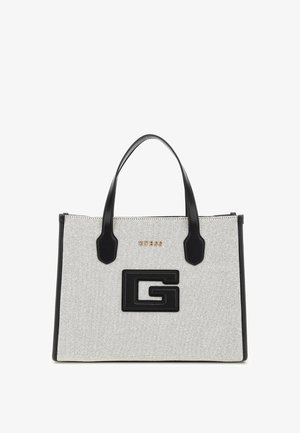 Borsa a tracolla con un corpo grigio texturizzato, accenti neri, logo in rilievo e doppi manici; presenta una forma strutturata e rettangolare.