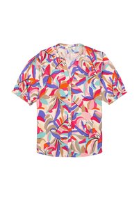 Kurzarmbluse mit Knopfleiste, die ein farbenfrohes Blumenmuster in Pink, Lila, Orange und Türkis auf einem hellen Beige hintergrund aufweist.