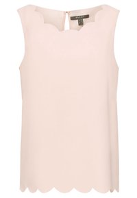 Ärmlös ljusrosa blus med scallop-mönster vid halsringning och nederkant, knäppning med nyckelhål bak, Esprit-märken inuti kragen.