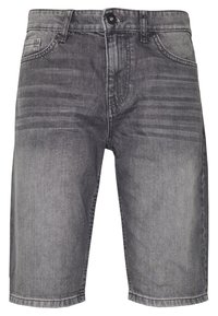Shorts de mezclilla en gris con un acabado desgastado. Las características incluyen cinco bolsillos, cinturilla con pasadores y cierre con botón. Corte recto hasta la rodilla.