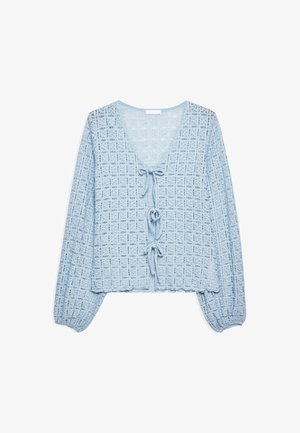 Light blue textured cardigan with a grid pattern, v-neckline, and tie closure. Features long, puffed sleeves and a scalloped hem.