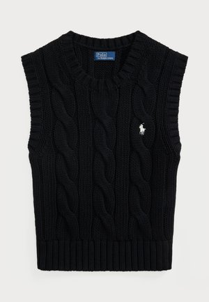 Svart ermeløs kabelstrikket genser med ribbestrikket halslinning og underkant. Har en liten hvit polo-logo på venstre side.