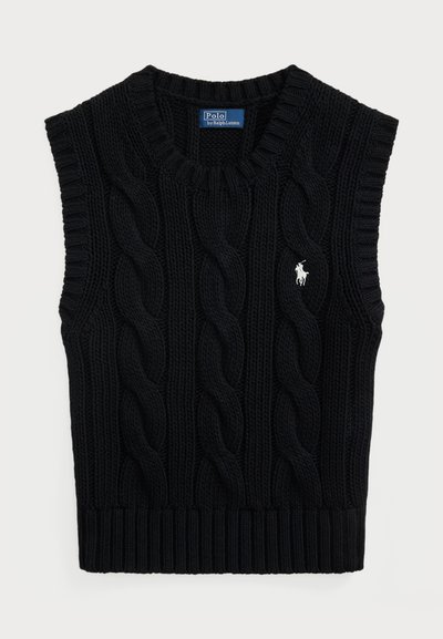 Črni brezrokavnik s kabelnim pletenjem in rebrastim izrezom ter spodnjim robom. Ima majhen bel logo polo na levem boku.