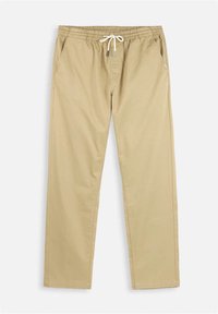 Pantalons légers beiges avec une taille élastique, cordon de serrage et poches latérales. Design droit avec une texture lisse et respirante.