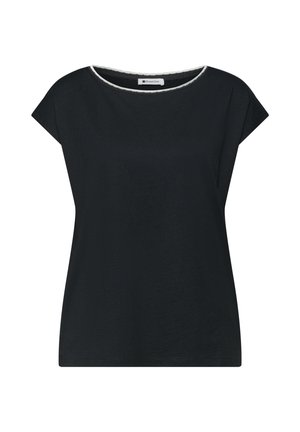 Sort kortærmet dametop med hvid kant omkring rund halsudskæring, lavet af mærket Street One.