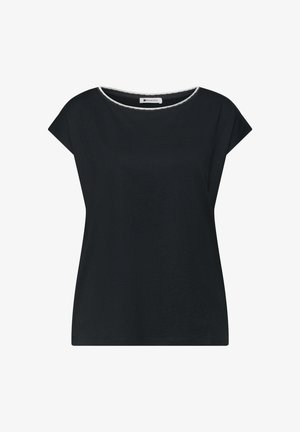 Zwart dames top met korte mouwen en witte afwerking rond de ronde hals, gemaakt door het merk Street One.