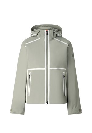 Lichtgrijze capuchonjas met witte stikdetails, een rits aan de voorkant, twee met ritssluiting sluitbare zakken en verstelbare manchetten.