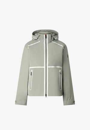 Světlý šedý kabát s kapucí, bílými švy, předním zipem, dvěma kapsami na zip a nastavitelnými manžetami.