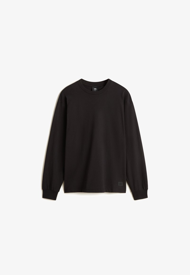 Camiseta de manga larga negra hecha de tela suave, con cuello redondo y mangas con puños. Pequeña etiqueta de logo en la esquina inferior izquierda.