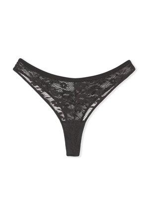 Tanga de encaje negro con patrón floral, que cuenta con una cinturilla elástica suave y una textura transparente, destacando un intrincado detalle y corte.