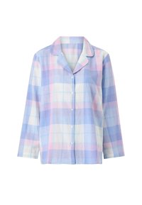 Chemise de pyjama à boutons avec un motif à carreaux pastel en bleu, rose et blanc, dotée d'un col classique et de manches longues. Texture de tissu doux.