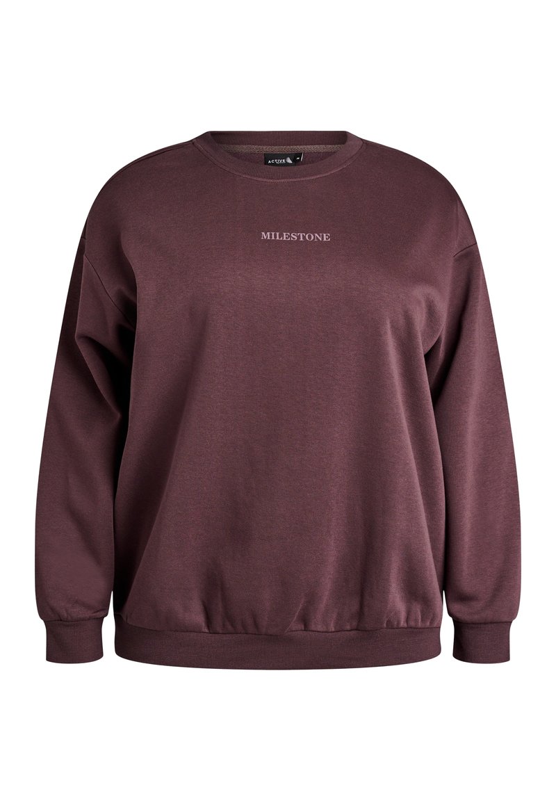 Bordo sweatshirt, mille kaelusega ja ribakätistega. Ees on peal sõna "MILESTONE" heledamas varjus. Pehme tekstuur.
