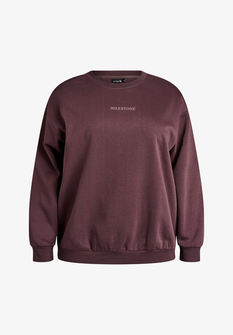 Bordo sweatshirt, mille kaelusega ja ribakätistega. Ees on peal sõna "MILESTONE" heledamas varjus. Pehme tekstuur.