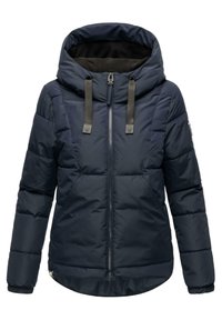 Mørkeblå dunjakke med høj krave, tætsiddende design, lynlåsfortil og to sidelommer. Har en blød inderforing og kontrasterende stropper.