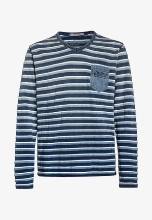 Koszula z długim rękawem w poziome paski w kolorze granatowym i jasnoszarym, z dekoltem w serek i kieszenią na piersi z denimu oznaczoną napisem „London Pepe Jeans”.