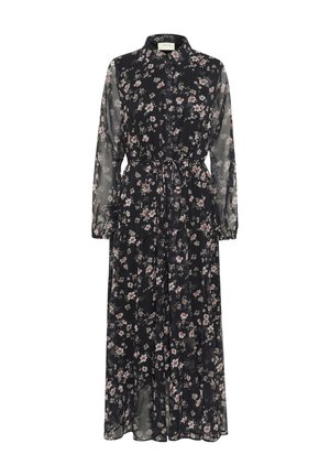 Pikk must lilleline kleit, kaelusega, nupuvälimuse ja elastse taljega, pikkade läbipaistvate varrukatega ning voolava seeliku ja väikeste voldikestega.