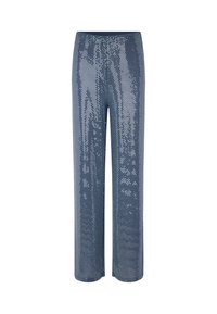 Pantalone širokih nogavica s šljokicama u tamnoplavoj nijansi; sadrži glatku elastičnu traku i sjajnu, teksturiranu površinu s kružnim šljokicama kroz cijelo područje.