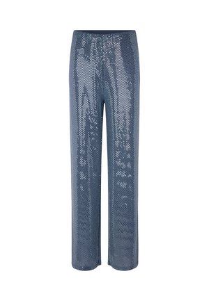 Sequined wide-leg pants in a dark blue shade; features a smooth waistband and a glossy, textured surface with circular sequins throughout.