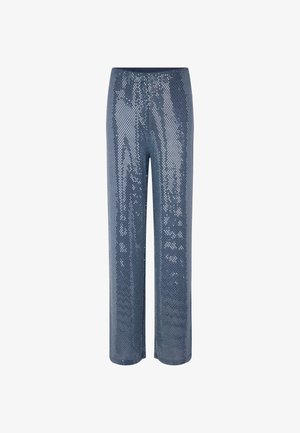 Pantaloni a gamba larga in tessuto di paillettes di colore blu scuro; presentano una cintura liscia e una superficie lucida e testurizzata con paillettes circolari in tutta la loro lunghezza.