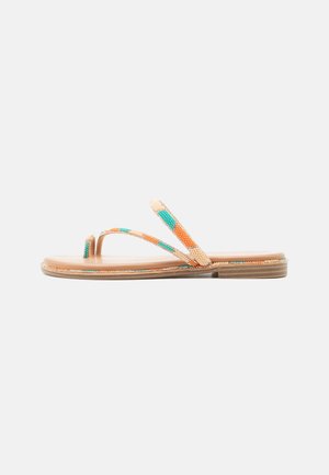 Flat sandal with thin beaded straps in orange, teal, and cream colors and a tan sole on a white background.