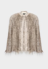 Faux fur jacket in light beige, featuring a textured, wavy design with long, fringed edges and a round neckline.