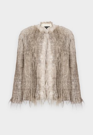 Faux fur jacket in light beige, featuring a textured, wavy design with long, fringed edges and a round neckline.
