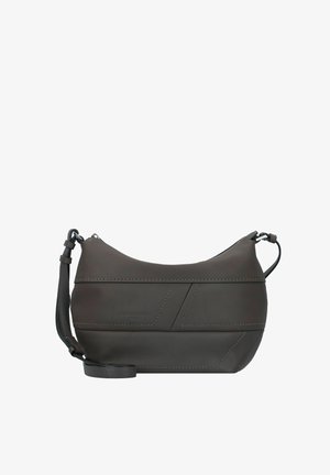 Borsa a tracolla in pelle grigio scuro con forma curva, caratterizzata da motivi geometrici di cucitura e una tracolla removibile. Chiusura con zip superiore.