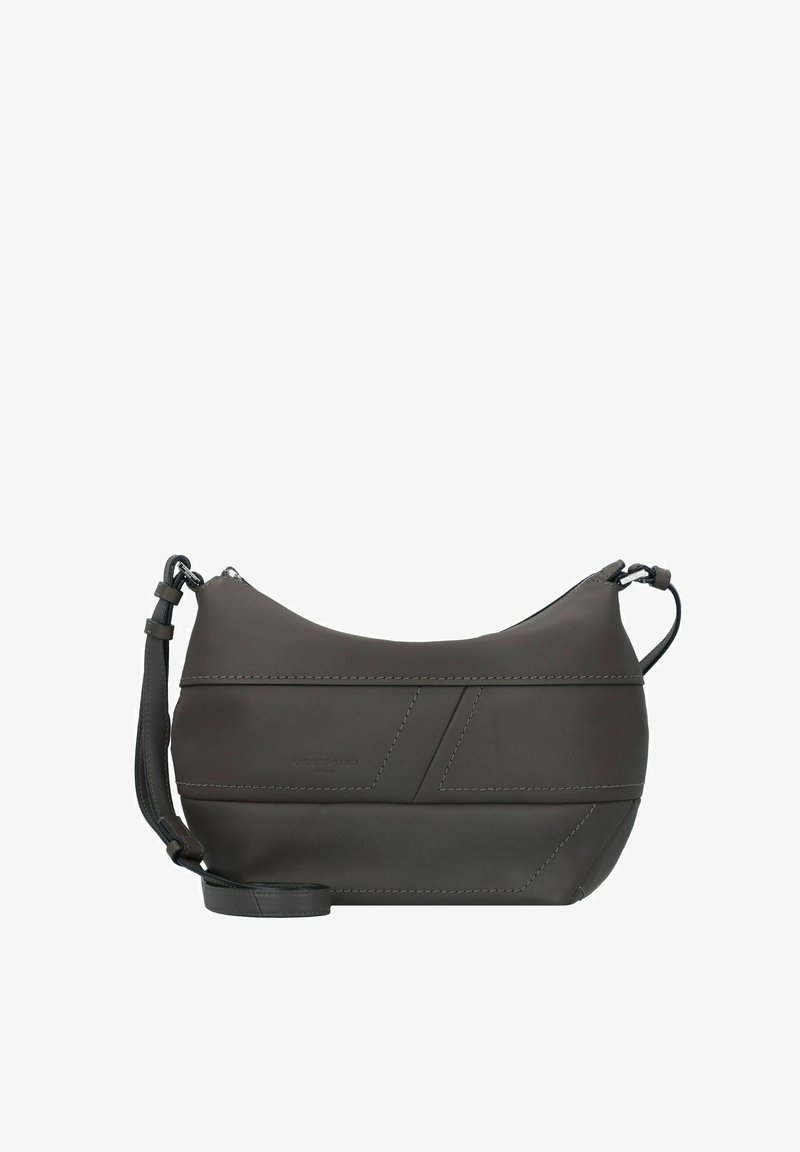 Borsa a tracolla in pelle grigio scuro con forma curva, caratterizzata da motivi geometrici di cucitura e una tracolla removibile. Chiusura con zip superiore.