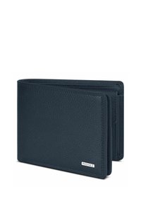 Billetera bifold de cuero negro texturizado con una pequeña placa en plata "REDOLZ" en la esquina frontal, angular sobre un fondo blanco.