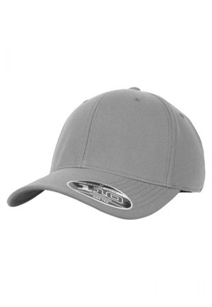 Grå baseballcap lavet af stof med en buet skygge, struktureret design og et mærkat med et logo på forsiden.
